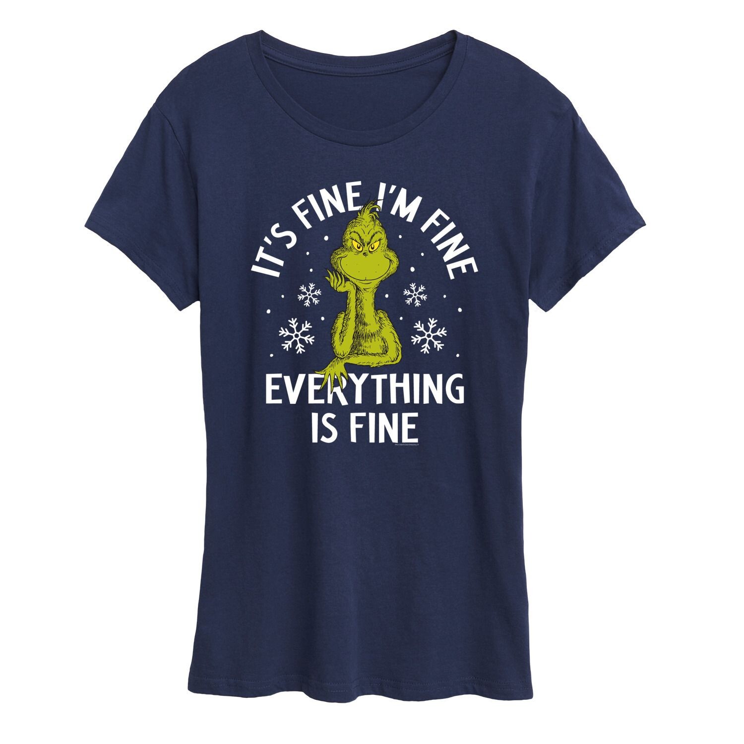 Женская футболка с рисунком Dr. Seuss Grinch It's Fine I'm Fine Licensed Character, темно-синий 
Женская футболка с рисунком Dr. Seuss Grinch It's Fine I'm Fine Licensed Character, темно-синий