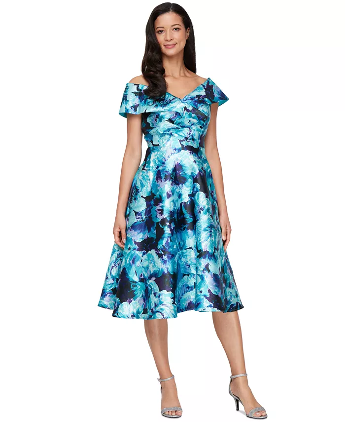 Женское платье Mikado с принтом, офф-шoulder силуэта А-силуэта Alex Evenings, зеленый 
Женское платье Mikado с принтом, офф-шoulder силуэта А-силуэта Alex Evenings, зеленый