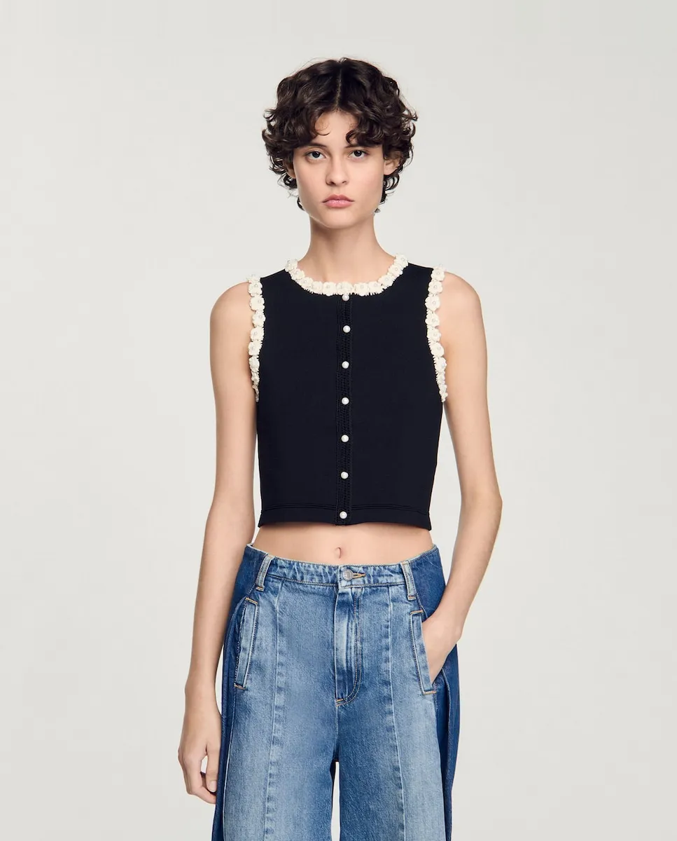 Женский жилет с деталями, связанными крючком Sandro, черный
Женский жилет с деталями, связанными крючком Sandro, черный