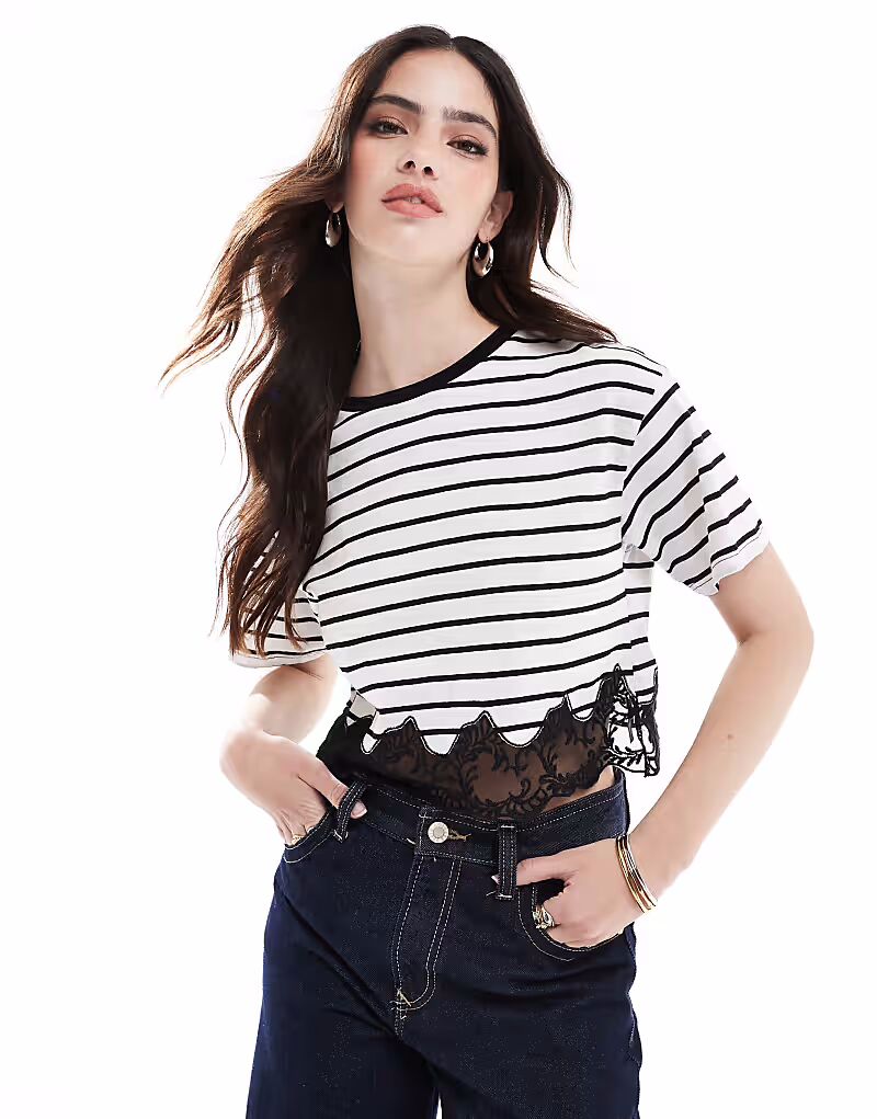 Футболка Miss Selfridge с короткими рукавами и кружевным подолом в полоску
Футболка Miss Selfridge с короткими рукавами и кружевным подолом в полоску