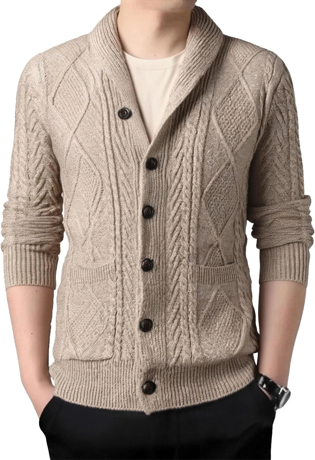 Мужской кардиган с шальным воротником и двойной застежкой
Мужской кардиган с шальным воротником и двойной застежкой