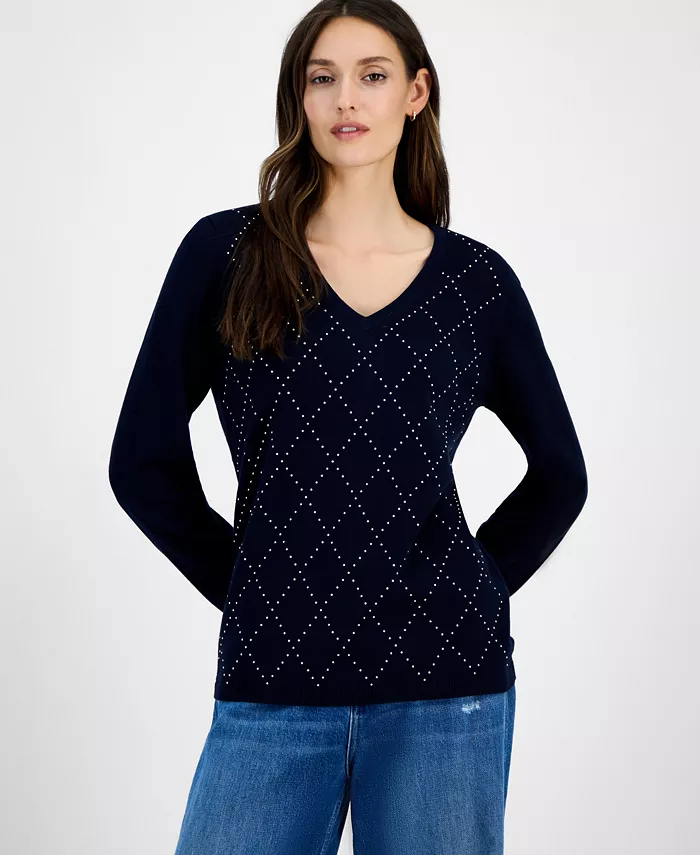 Женский свитер с заклепками в стиле аргайл из хлопка с V-образным вырезом Tommy Hilfiger, синий
Женский свитер с заклепками в стиле аргайл из хлопка с V-образным вырезом Tommy Hilfiger, синий