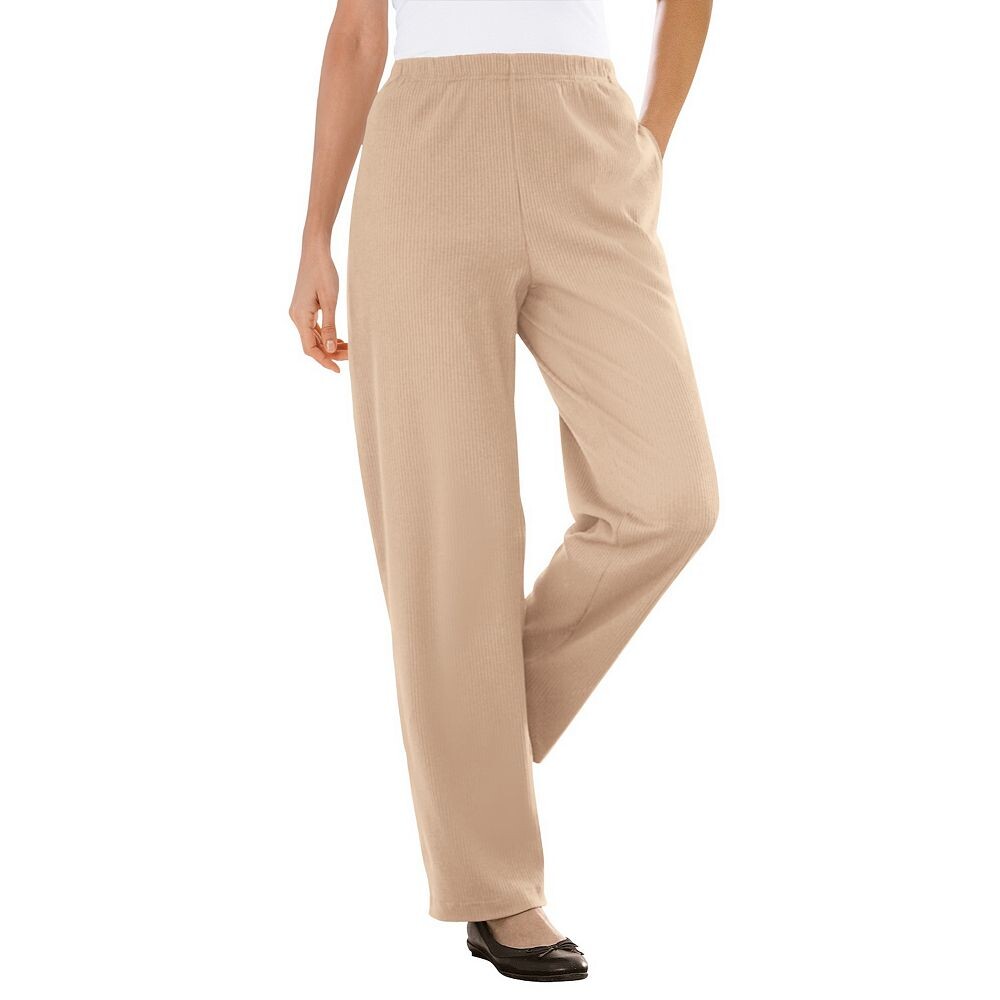 Женщина в женских миниатюрных 7-дневных вязаных брюках прямого кроя больших размеров в рубчик Woman Within, цвет New Khaki 
Женщина в женских миниатюрных 7-дневных вязаных брюках прямого кроя больших размеров в рубчик Woman Within, цвет New Khaki