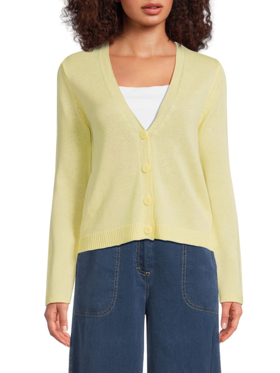 Кардиган из льняной ткани с V-образным вырезом и застежкой на пуговицы спереди Max Studio, желтый 
Кардиган из льняной ткани с V-образным вырезом и застежкой на пуговицы спереди Max Studio, желтый