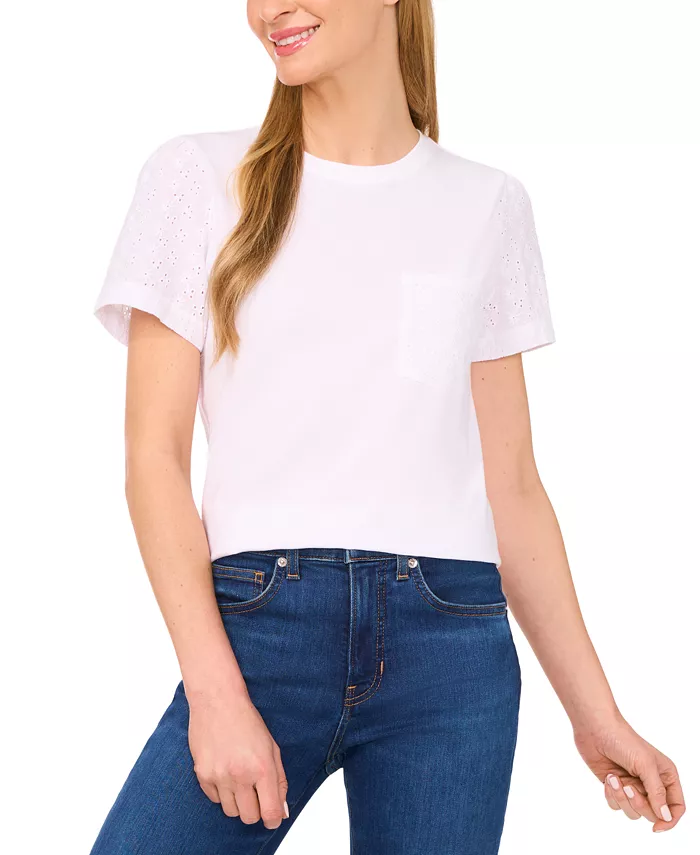 Женская хлопковая футболка с кружевными рукавами и накладными карманами CeCe, белый
Женская хлопковая футболка с кружевными рукавами и накладными карманами CeCe, белый