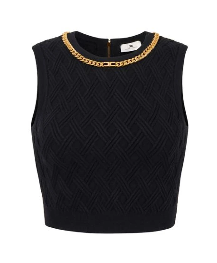 Вязаный топ с ромбовидным узором и декоративными элементами. Elisabetta Franchi, черный
Вязаный топ с ромбовидным узором и декоративными элементами. Elisabetta Franchi, черный