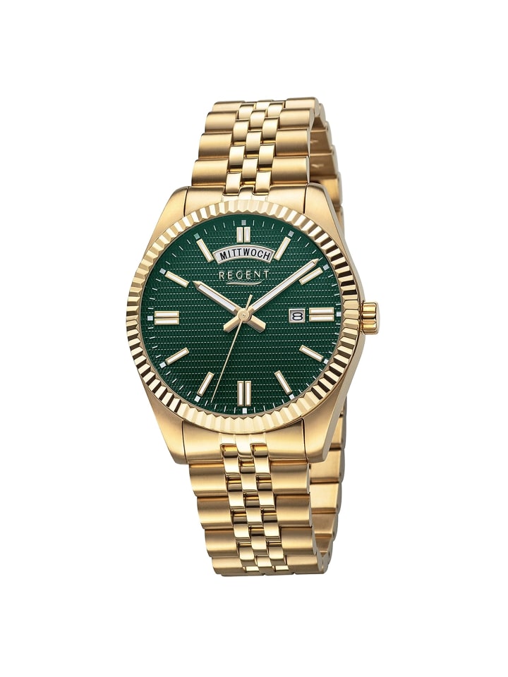 Крупные золотые аналоговые наручные часы (около 40 мм) с металлическим браслетом Regent
Крупные золотые аналоговые наручные часы (около 40 мм) с металлическим браслетом Regent