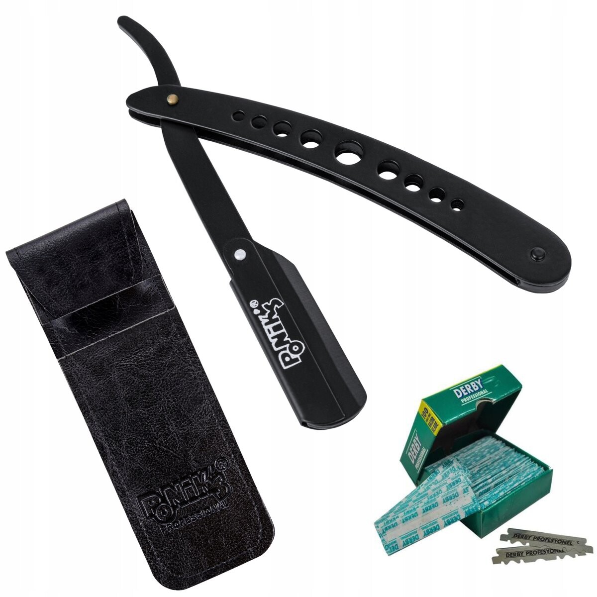 Черная парикмахерская бритва Ponik's + 100 лезвий Poniks 
Черная парикмахерская бритва Ponik's + 100 лезвий Poniks