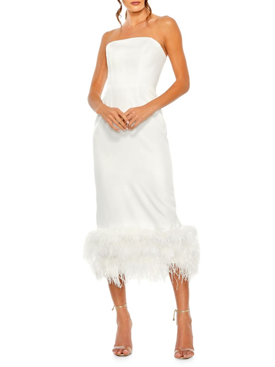 Платье-футляр миди без бретелек с перьями на подоле Mac Duggal, белый
Платье-футляр миди без бретелек с перьями на подоле Mac Duggal, белый