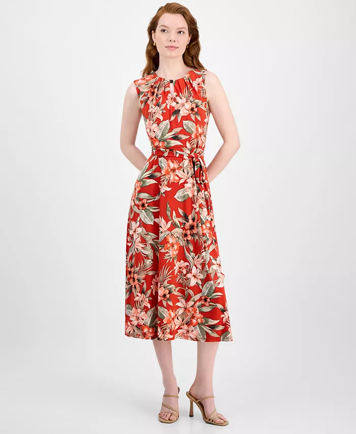 Печатное миди-платье с поясом на талии, обычные и уменьшенные размеры Kasper, оранжевый