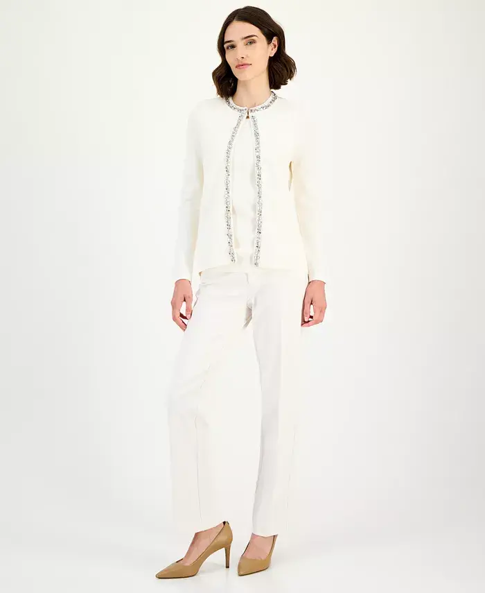 Женский кардиган с отделкой стразами, трикотажный топ без рукавов и брюки-клеш Anne Klein, белый
Женский кардиган с отделкой стразами, трикотажный топ без рукавов и брюки-клеш Anne Klein, белый