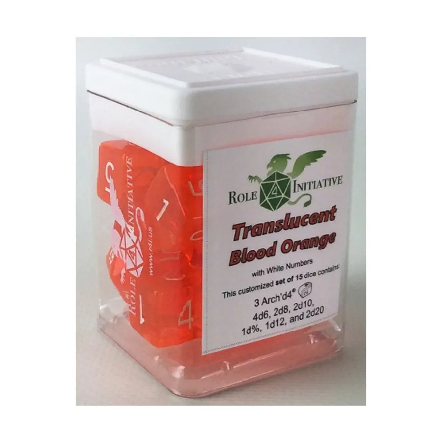 Многогранные игральные кости — полупрозрачный кроваво-оранжевый с белым и Arch'd4 (15), Game Dice - Translucent (Role 4 Initiative)
Многогранные игральные кости — полупрозрачный кроваво-оранжевый с белым и Arch'd4 (15), Game Dice - Translucent (Role 4 Initiative)