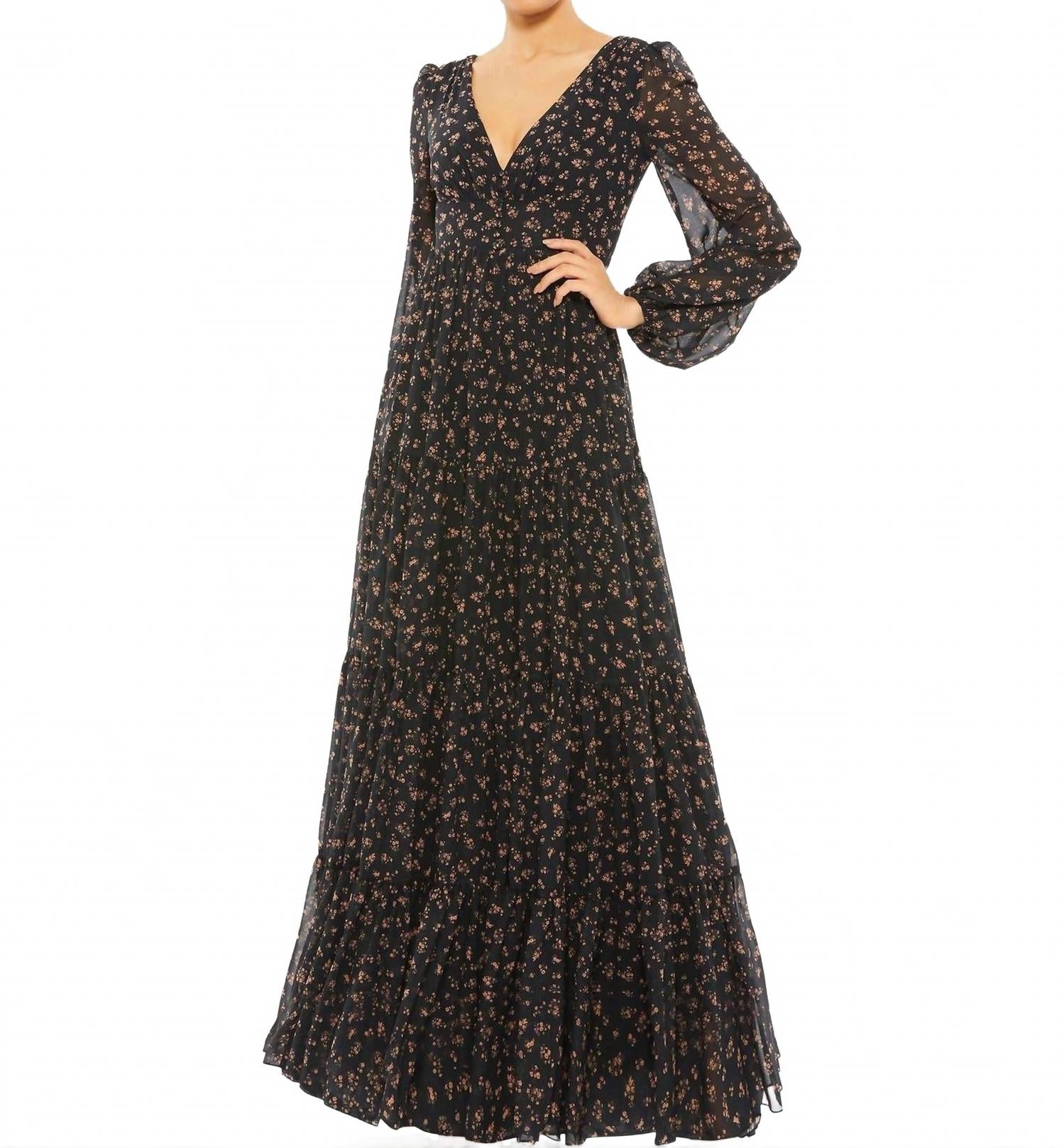 Черное многослойное макси-платье с рукавами и цветочными рюшами Ieena for Mac Duggal
Черное многослойное макси-платье с рукавами и цветочными рюшами Ieena for Mac Duggal