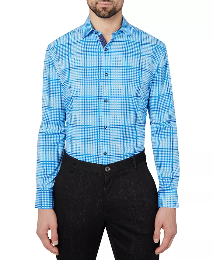 Мужская облегающая рубашка с принтом в клетку, не требующая глажки, из эластичной ткани для комфорта Society of Threads, синий 
Мужская облегающая рубашка с принтом в клетку, не требующая глажки, из эластичной ткани для комфорта Society of Threads, синий