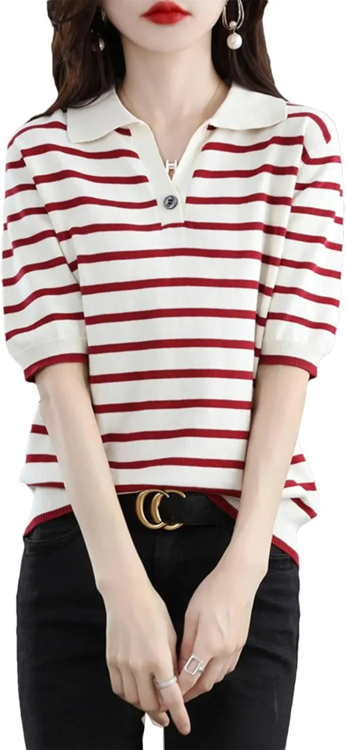 Женская летняя футболка-пуловер с коротким рукавом и отложным воротником
Женская летняя футболка-пуловер с коротким рукавом и отложным воротником