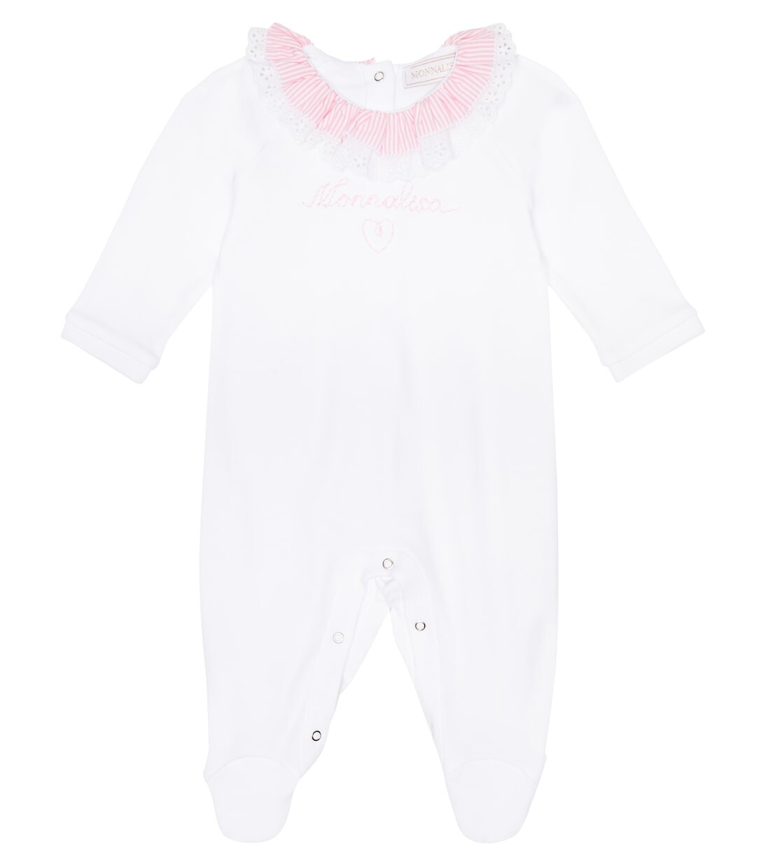 Детский хлопковый комбинезон с рюшами Monnalisa, белый 
Детский хлопковый комбинезон с рюшами Monnalisa, белый