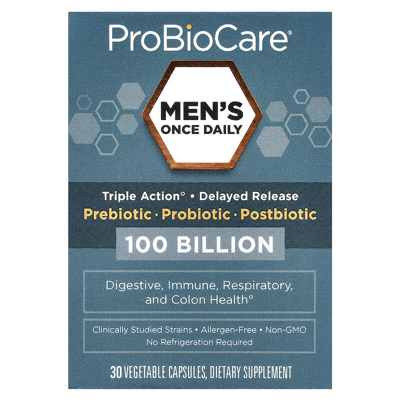 ProBioCare, Men's Once Daily, пребиотик, пробиотик, постбиотик, 100 млрд, 30 растительных капсул
ProBioCare, Men's Once Daily, пребиотик, пробиотик, постбиотик, 100 млрд, 30 растительных капсул