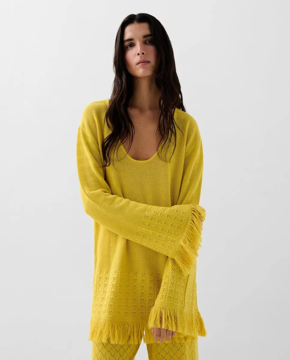 Женский вязаный джемпер с бахромой по низу Scalpers, желтый
Женский вязаный джемпер с бахромой по низу Scalpers, желтый