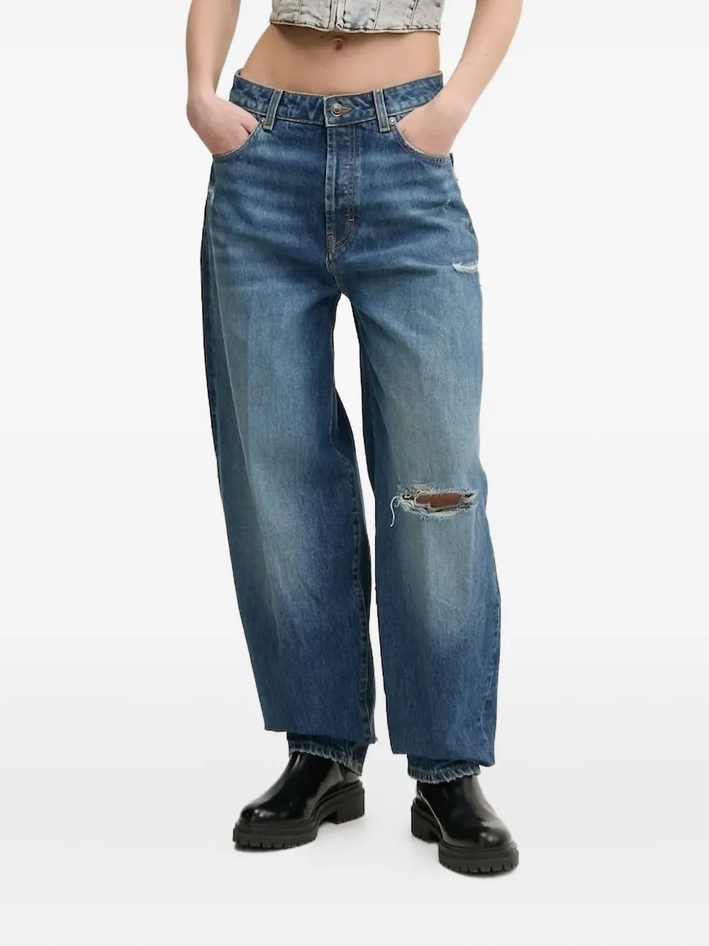 Джинсы-бочонки с потертостями HUGO, синий 
Джинсы-бочонки с потертостями HUGO, синий