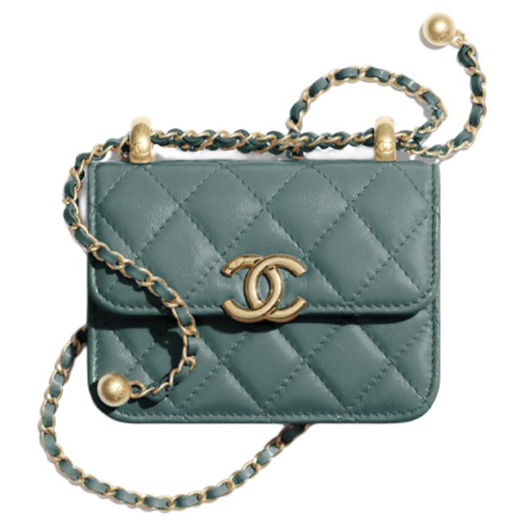 CHANEL Женская зеленая сумка через плечо малого размера из телячьей кожи и металла