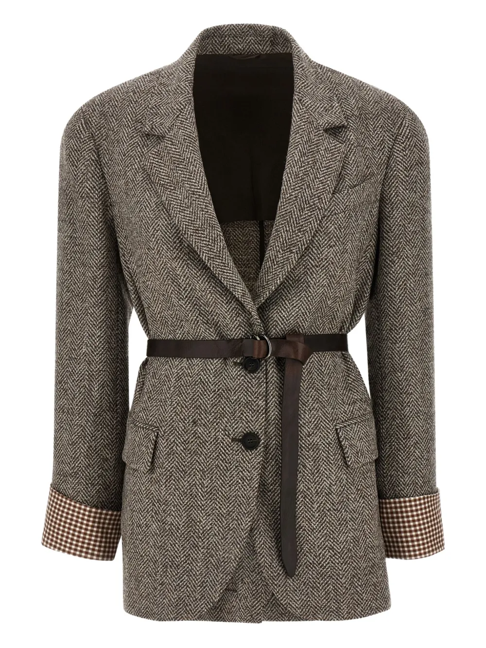 Блейзер с поясом в елочку Brunello Cucinelli, коричневый 
Блейзер с поясом в елочку Brunello Cucinelli, коричневый