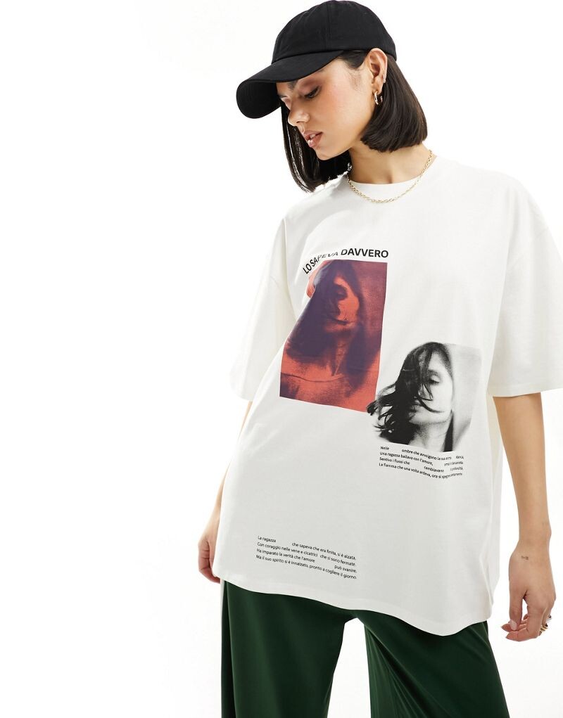 ASOS DESIGN — кремовая футболка оверсайз с фотопринтом и надписью «Lo Sapeva Davvero»
ASOS DESIGN — кремовая футболка оверсайз с фотопринтом и надписью «Lo Sapeva Davvero»