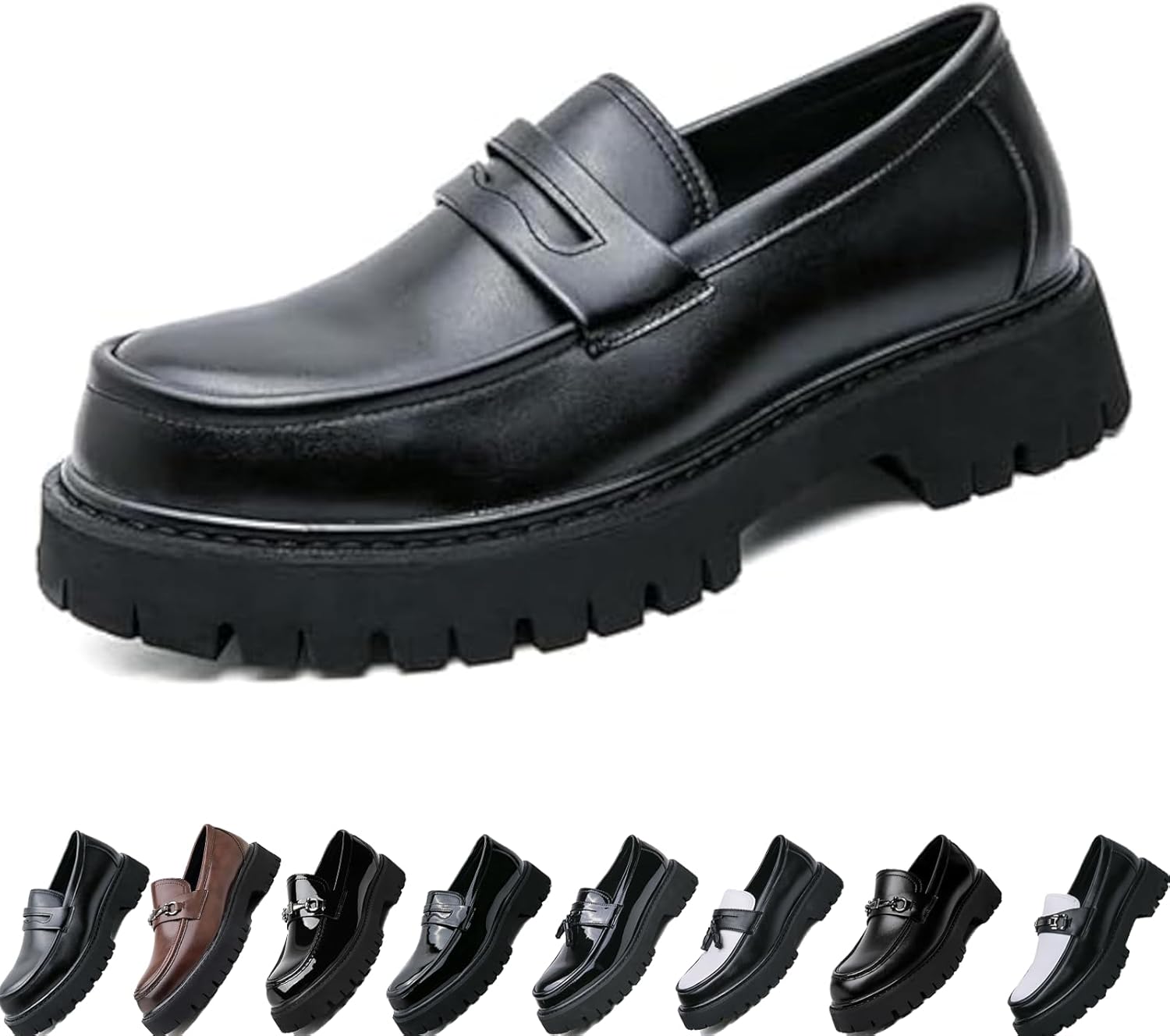 Мужские лоферы на платформе из лакированной кожи, удобные, с противоскользящей подошвой, с круглым носком, стильные деловые туфли без шнурков для работы и повседневной носки Generic, черный
Мужские лоферы на платформе из лакированной кожи, удобные, с противоскользящей подошвой, с круглым носком, стильные деловые туфли без шнурков для работы и повседневной носки Generic, черный
