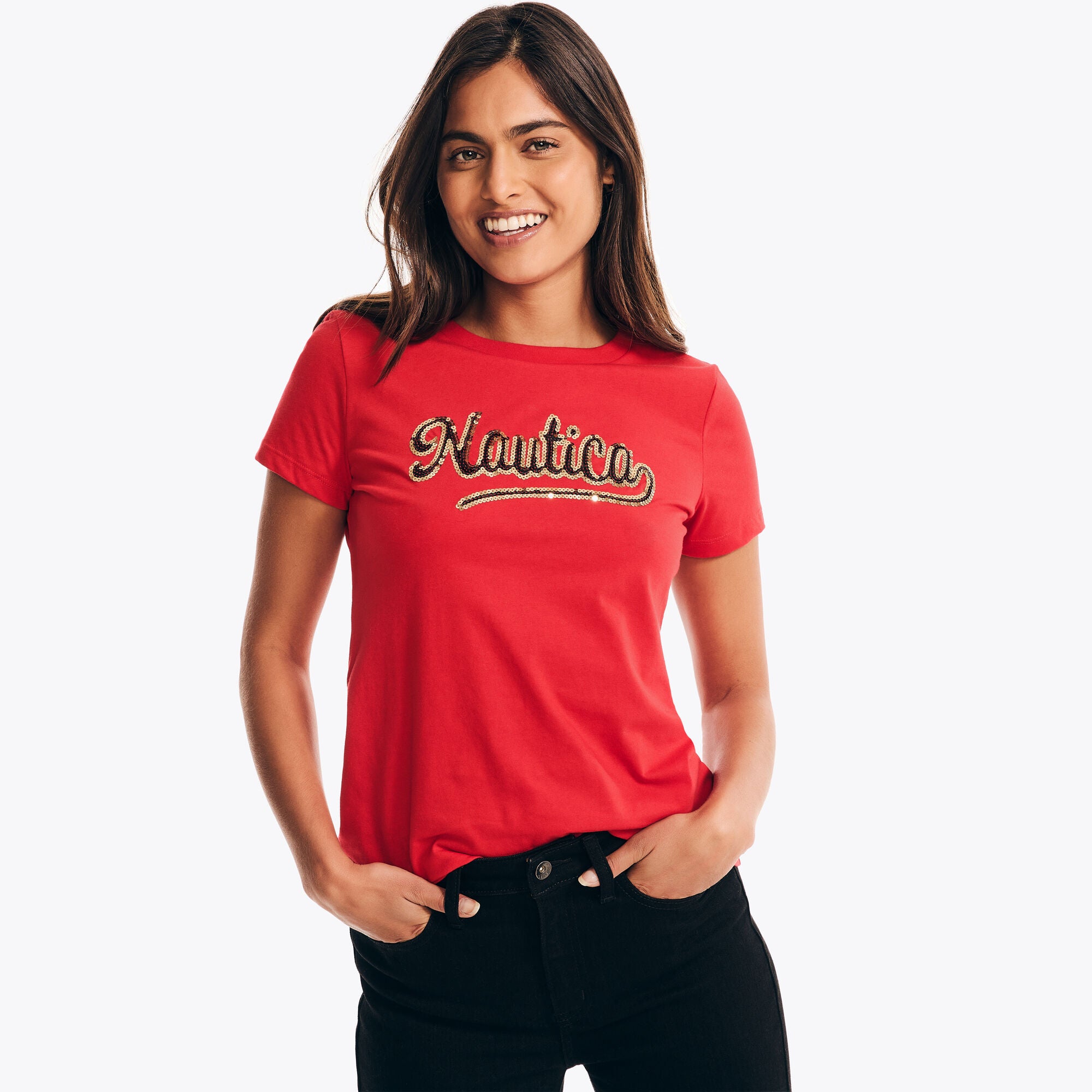 Женская футболка Nautica с логотипом и пайетками, красный
Женская футболка Nautica с логотипом и пайетками, красный
