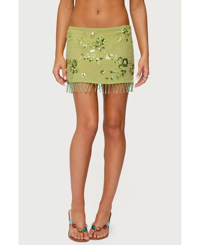 Женская прозрачная мини-юбка с бахромой из пайеток и бусин Edikted, зеленый 
Женская прозрачная мини-юбка с бахромой из пайеток и бусин Edikted, зеленый