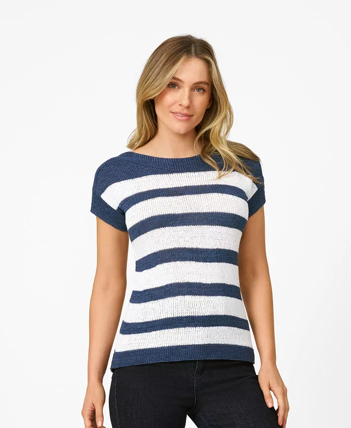 Женский полосатый свитер с круглым вырезом из ленточной пряжи Cable & Gauge, синий 
Женский полосатый свитер с круглым вырезом из ленточной пряжи Cable & Gauge, синий