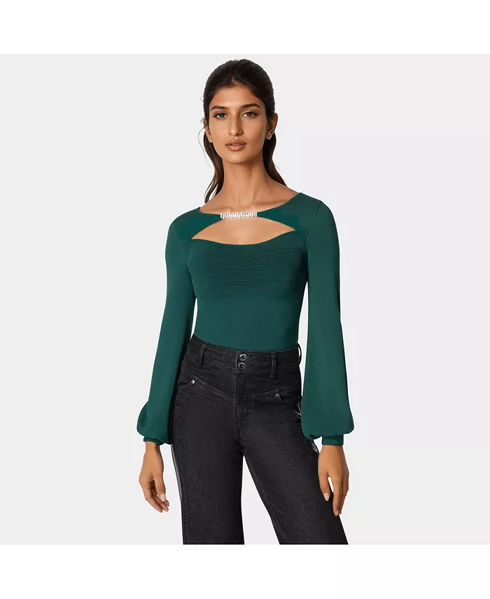 Женский свитер с открытой горловиной и отделкой стразами Bebe, зеленый
Женский свитер с открытой горловиной и отделкой стразами Bebe, зеленый