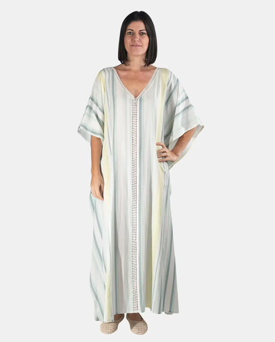 Длинный кафтан с полосатым принтом Kbas, бирюзовый 
Длинный кафтан с полосатым принтом Kbas, бирюзовый