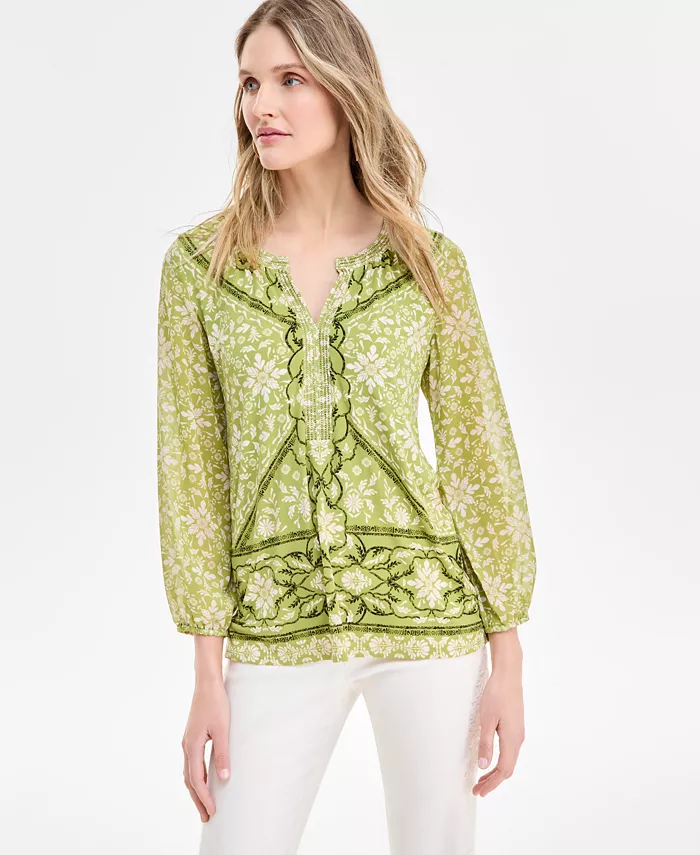 Женский топ с принтом, рукавами из шифона, стразами и разрезом на горловине JM Collection, зеленый
Женский топ с принтом, рукавами из шифона, стразами и разрезом на горловине JM Collection, зеленый