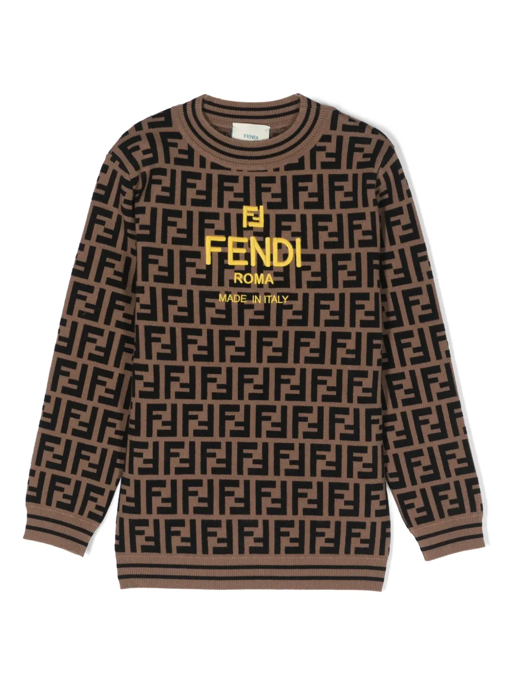 Джемпер с вышитым логотипом и узором FF FENDI KIDS, коричневый
Джемпер с вышитым логотипом и узором FF FENDI KIDS, коричневый