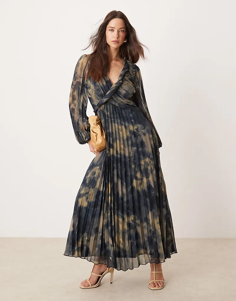 Платье миди с закрученной деталью, запахом спереди, плиссировкой, с размытым цветочным узором ASOS DESIGN