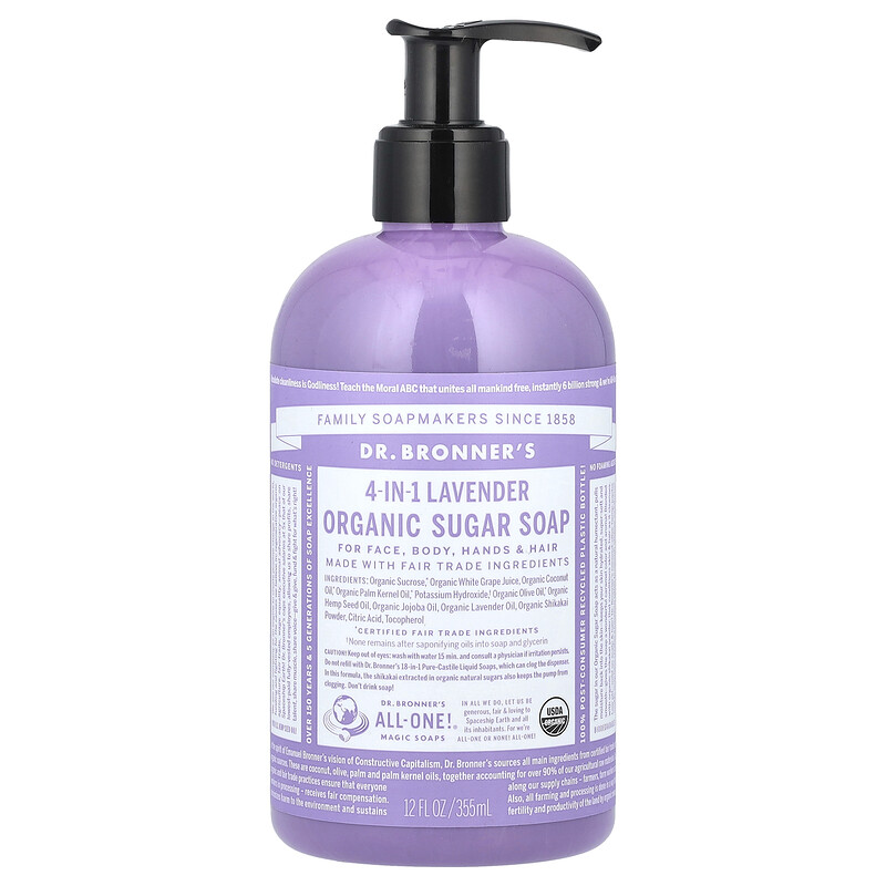 Dr. Bronner's, Органическое сахарное мыло 4 в 1, для рук, лица, тела и волос, с лавандой, 355 мл (12 жидк. унц.)
Dr. Bronner's, Органическое сахарное мыло 4 в 1, для рук, лица, тела и волос, с лавандой, 355 мл (12 жидк. унц.)