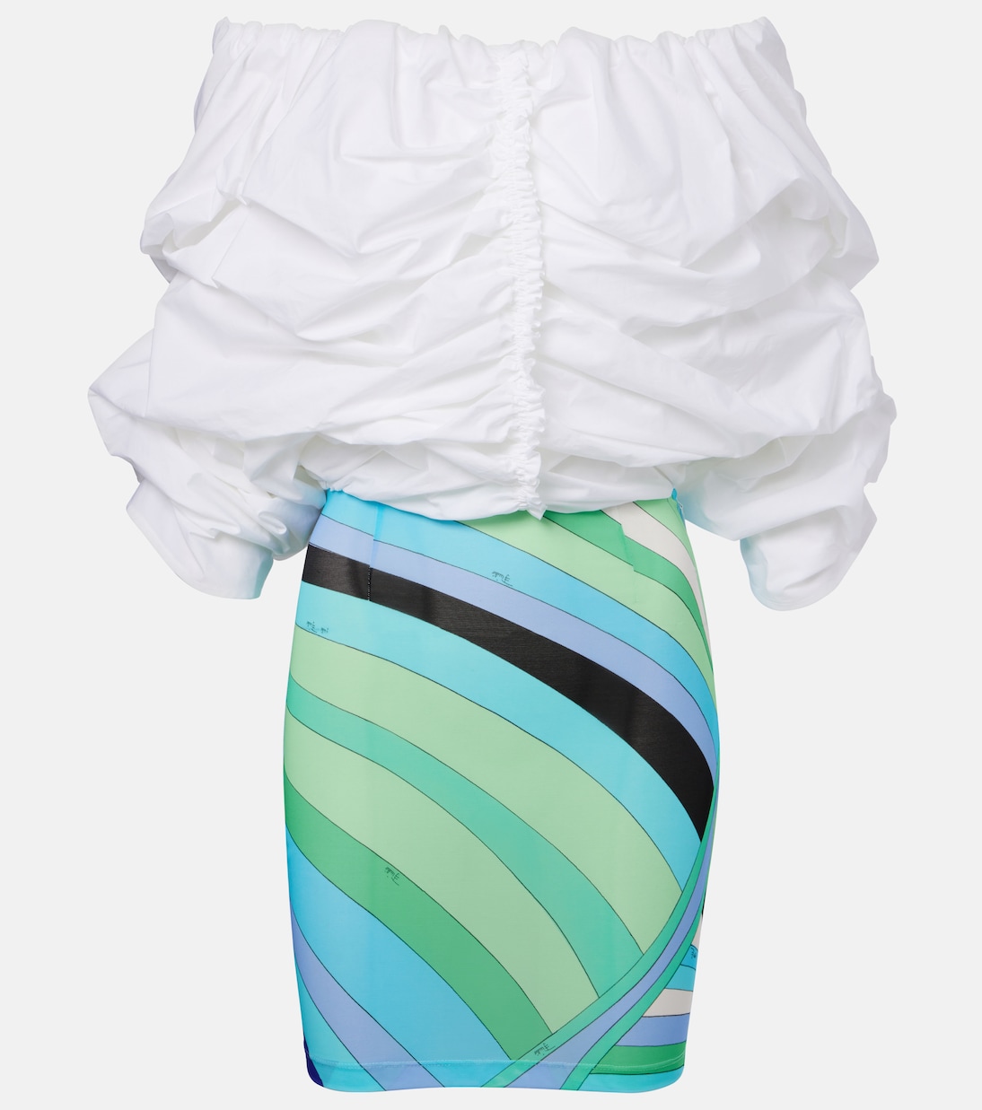 Мини-платье из хлопка с открытыми плечами и сборками Pucci, Bianco 
Мини-платье из хлопка с открытыми плечами и сборками Pucci, Bianco