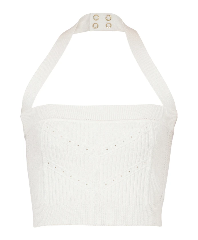 Вязаный топ с воротником халтер Balmain, белый
Вязаный топ с воротником халтер Balmain, белый