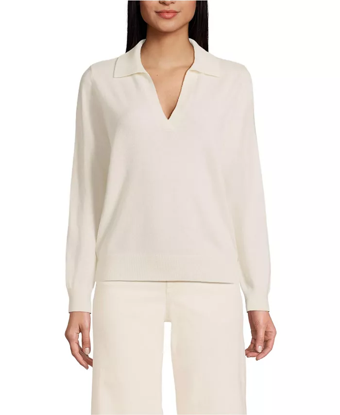 Женский кашемировый свитер с воротником Джонни Lands' End, белый 
Женский кашемировый свитер с воротником Джонни Lands' End, белый