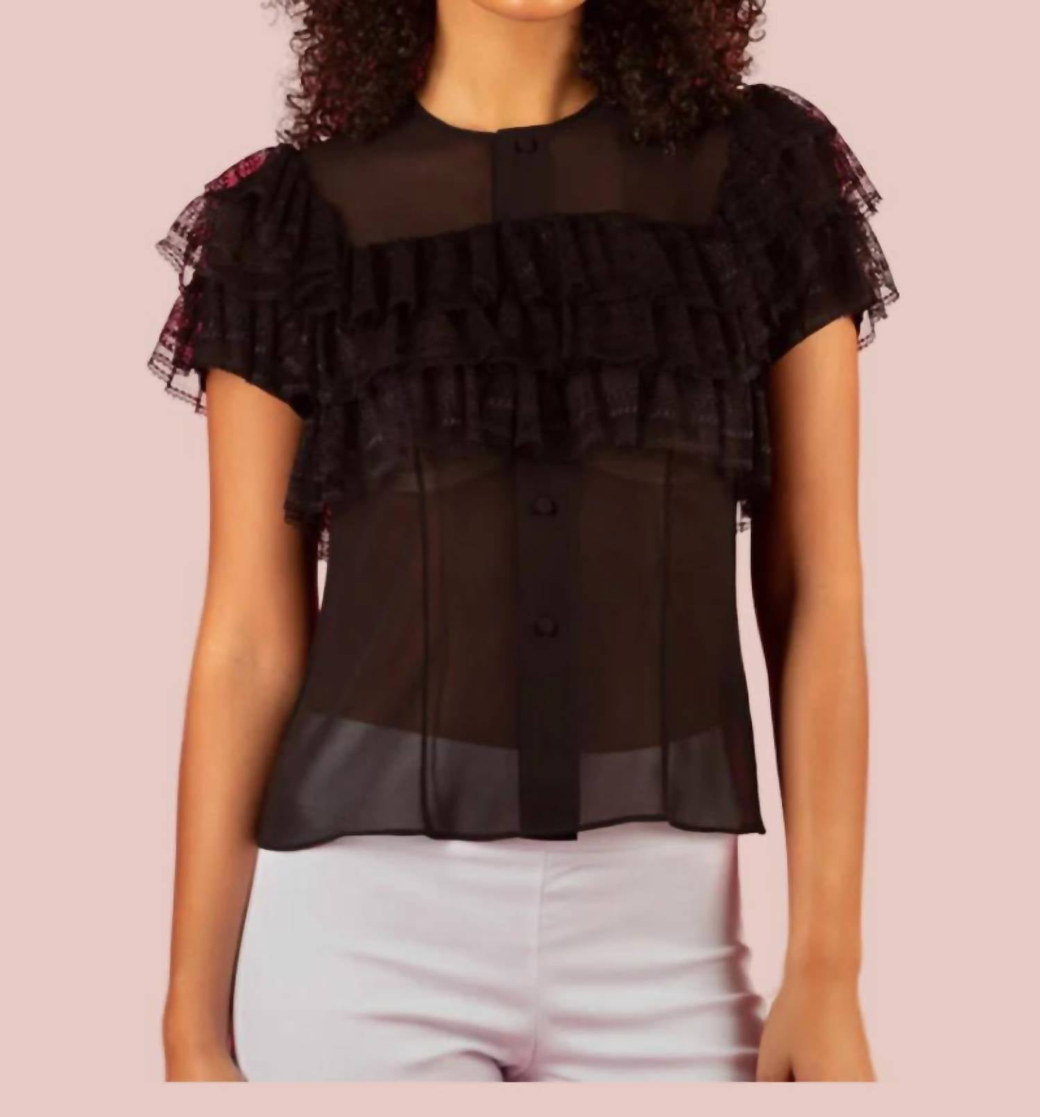 Блуза из шифона Clover с оборкой из тюля черного цвета JESSIE LIU
Блуза из шифона Clover с оборкой из тюля черного цвета JESSIE LIU