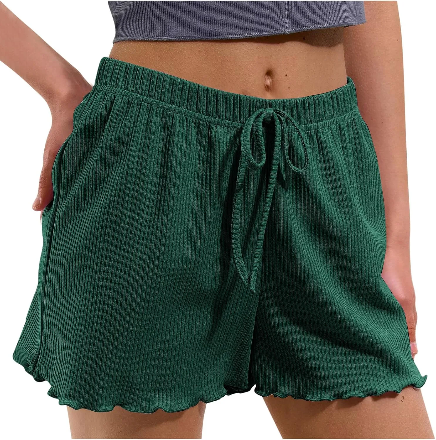 Женские мягкие шорты для отдыха с эластичным высоким поясом и волнообразной отделкой
Женские мягкие шорты для отдыха с эластичным высоким поясом и волнообразной отделкой