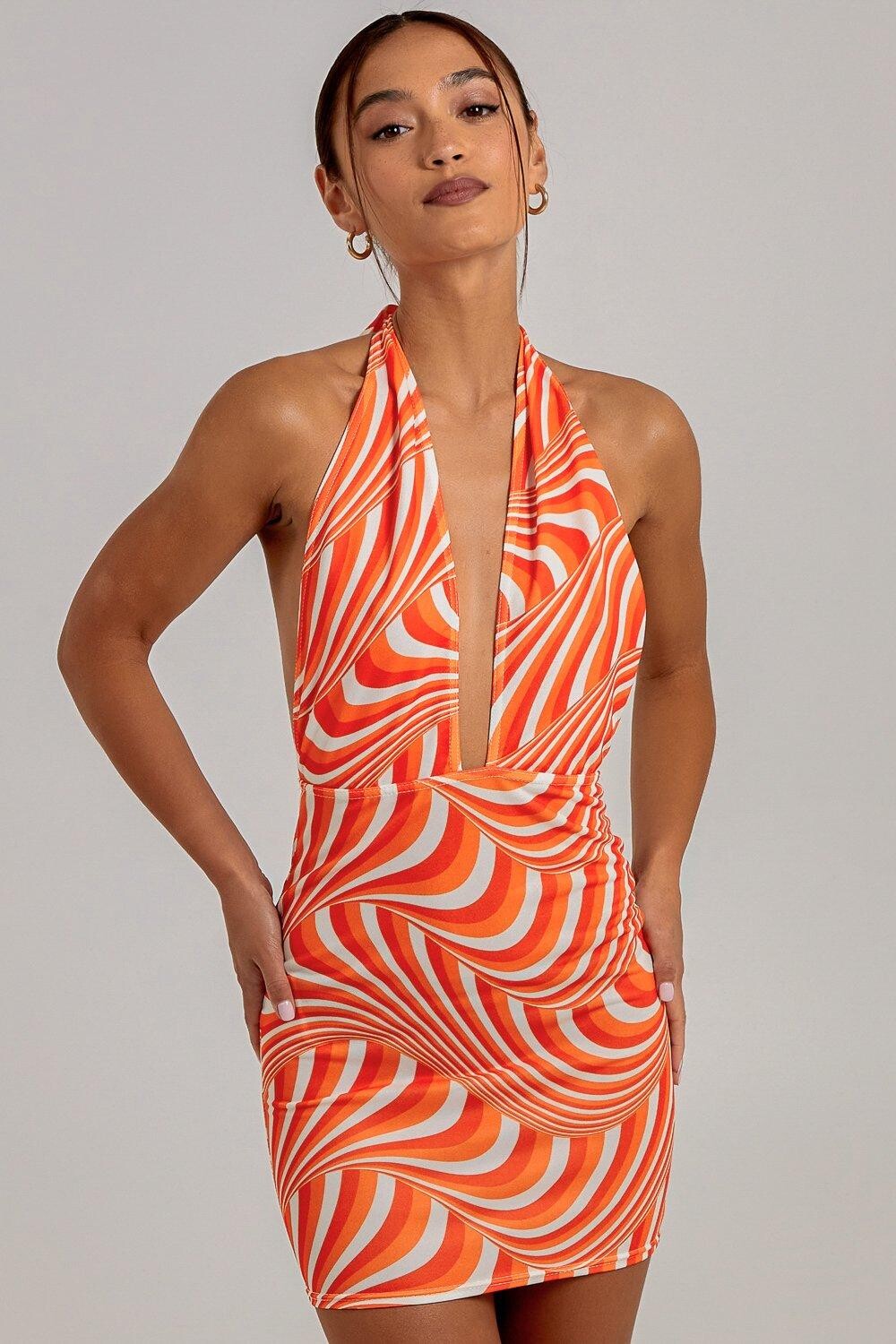 Мини-платье с воротником-халтер и разноцветным принтом Pink Vanilla, оранжевый 
Мини-платье с воротником-халтер и разноцветным принтом Pink Vanilla, оранжевый