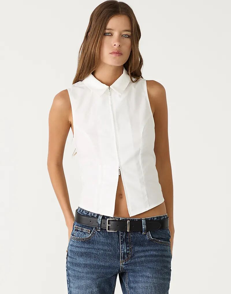 Приталенная рубашка Stradivarius без рукавов с застежкой-молнией белого цвета 
Приталенная рубашка Stradivarius без рукавов с застежкой-молнией белого цвета