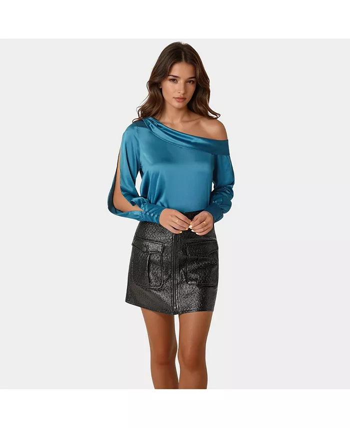 Женская асимметричная атласная блузка с длинными рукавами и разрезом Bebe, синий
Женская асимметричная атласная блузка с длинными рукавами и разрезом Bebe, синий