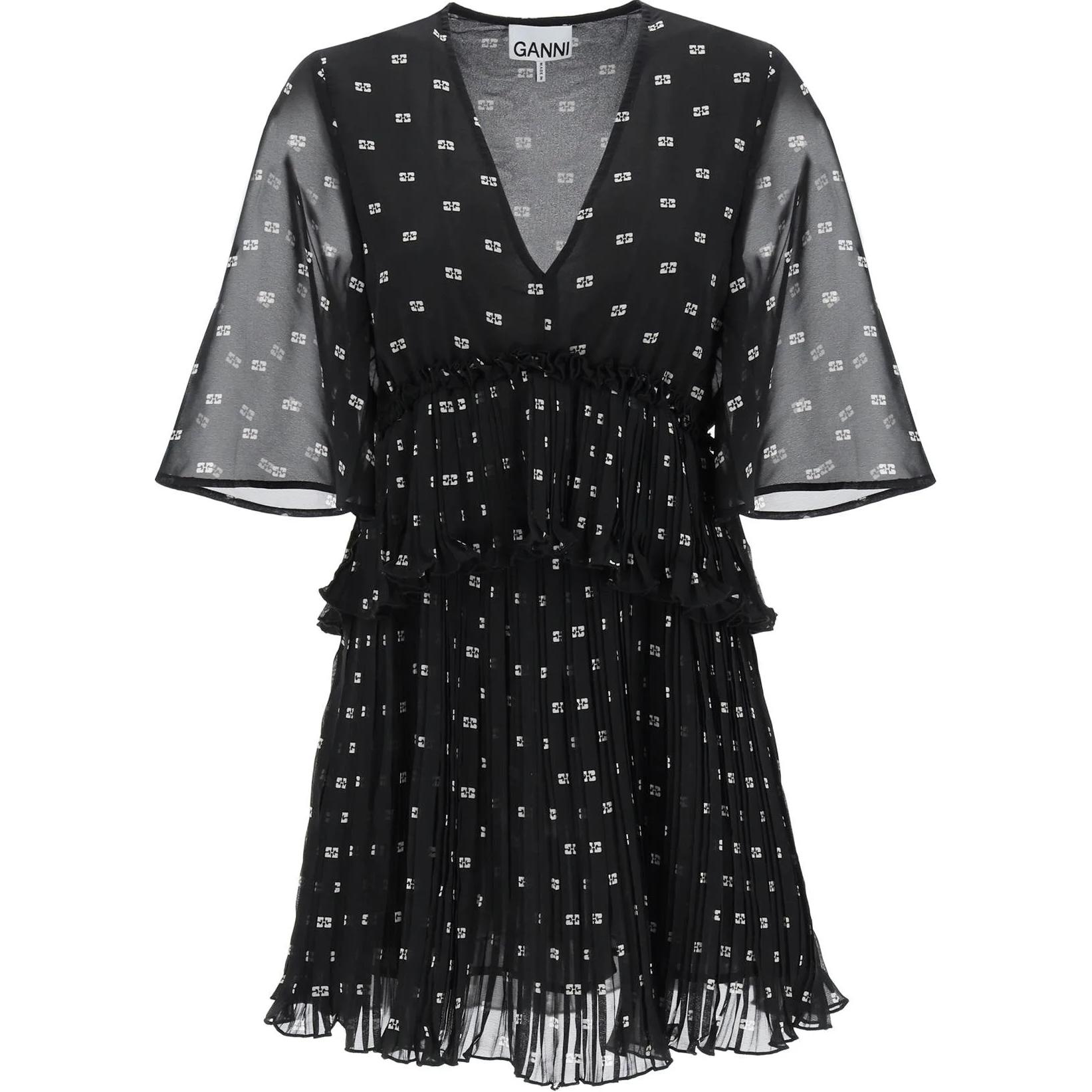 Чёрное плиссированное мини-платье с V-образным вырезом и принтом бабочки GANNI
Чёрное плиссированное мини-платье с V-образным вырезом и принтом бабочки GANNI