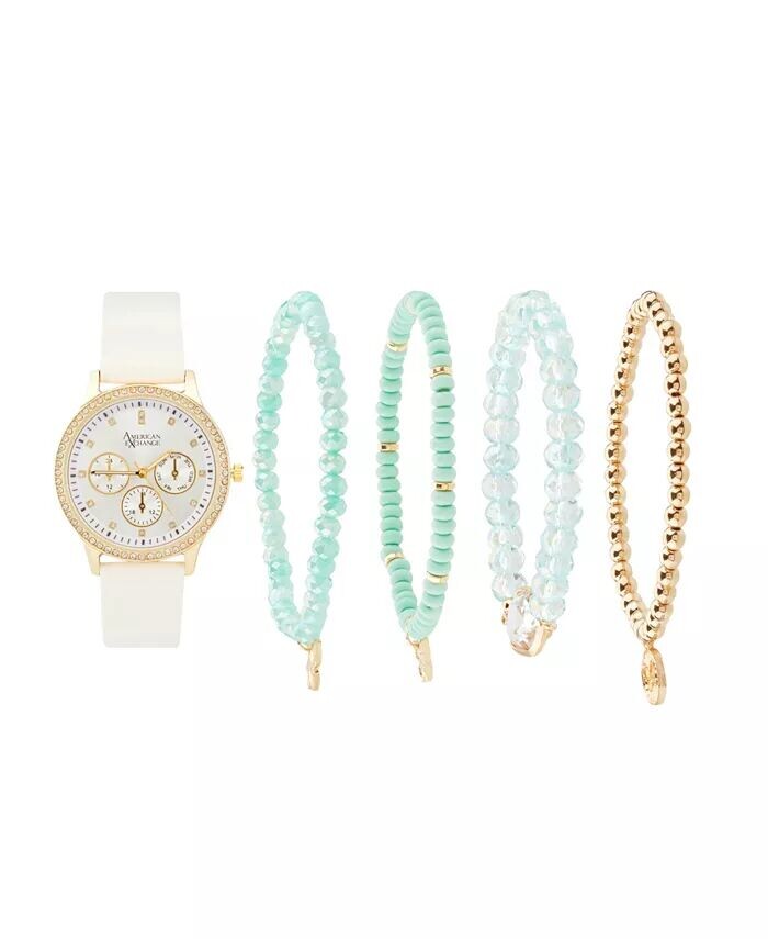 Женские аналоговые часы с белым полиуретановым кожаным ремешком, 38 мм, со штабелируемыми браслетами, подарочный набор American Exchange, белый
Женские аналоговые часы с белым полиуретановым кожаным ремешком, 38 мм, со штабелируемыми браслетами, подарочный набор American Exchange, белый