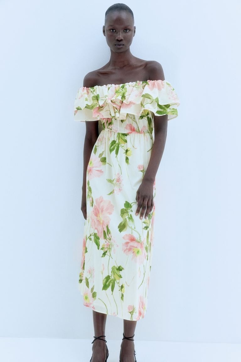 Платье с открытыми плечами и воланом H&M, бежевый
Платье с открытыми плечами и воланом H&M, бежевый