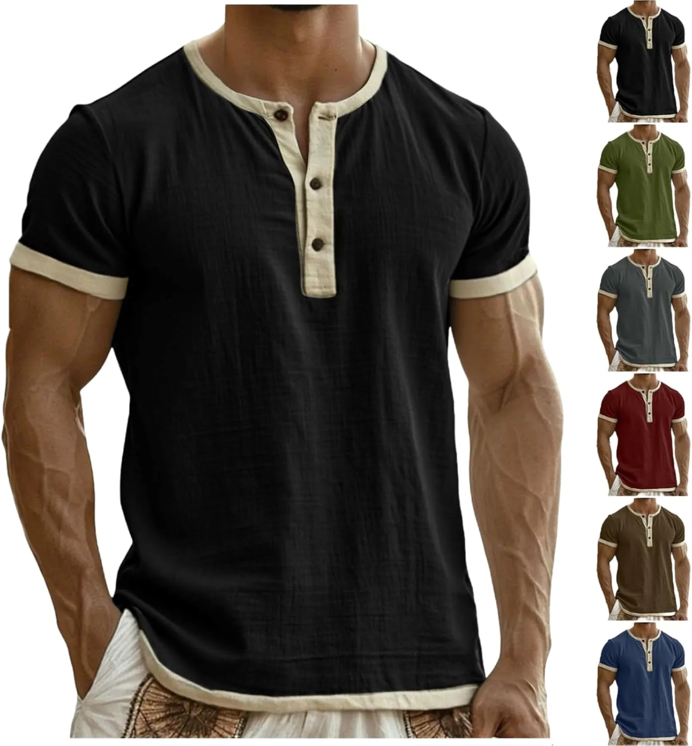 Мужская футболка хенли с коротким рукавом, свободный крой
Мужская футболка хенли с коротким рукавом, свободный крой