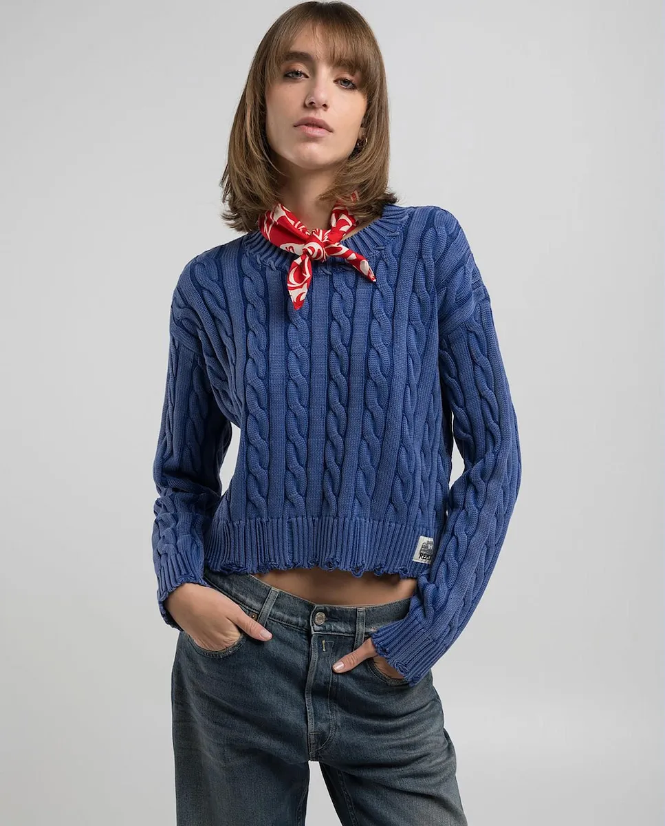 Женский хлопковый свитер с круглым вырезом Replay, синий 
Женский хлопковый свитер с круглым вырезом Replay, синий