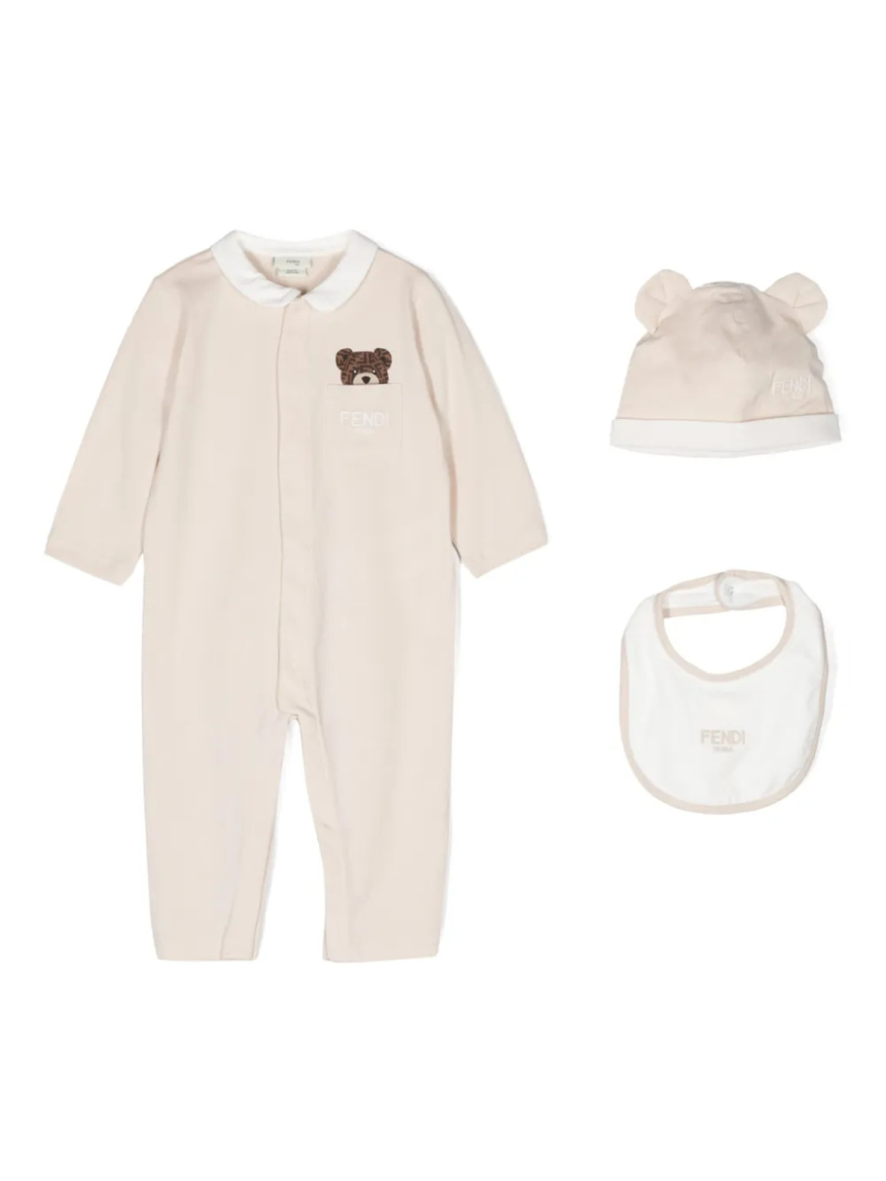Комплект из комбинезона, шапки и нагрудника с логотипом Fendi Kids, нейтральный
Комплект из комбинезона, шапки и нагрудника с логотипом Fendi Kids, нейтральный